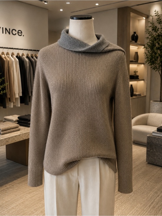 Vince Sweaters - Vince Wool Cashmere Ribbed Mock Neck Sweater M Taupe Roll Collar Luxe Knit